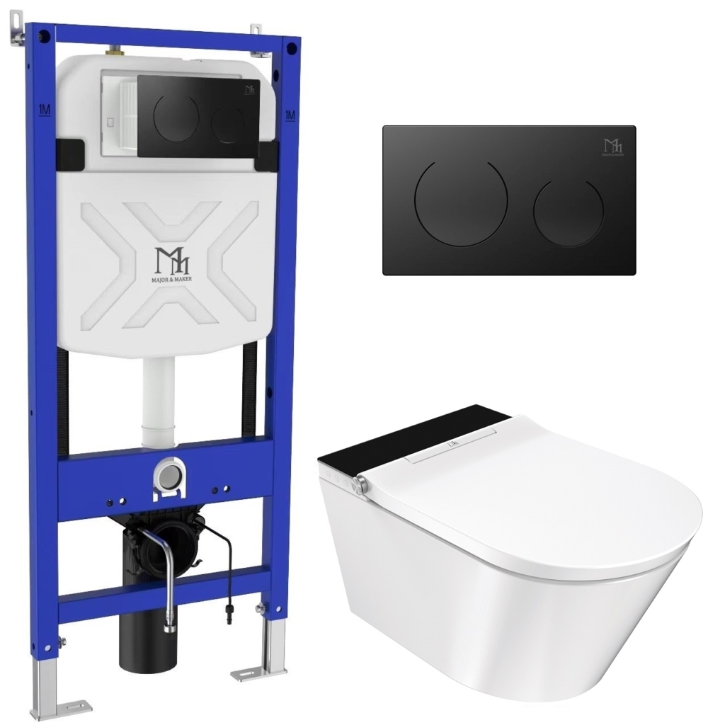 DELUXE B Smart Toilet Set with Frame and CORAL BLACK Flush Button