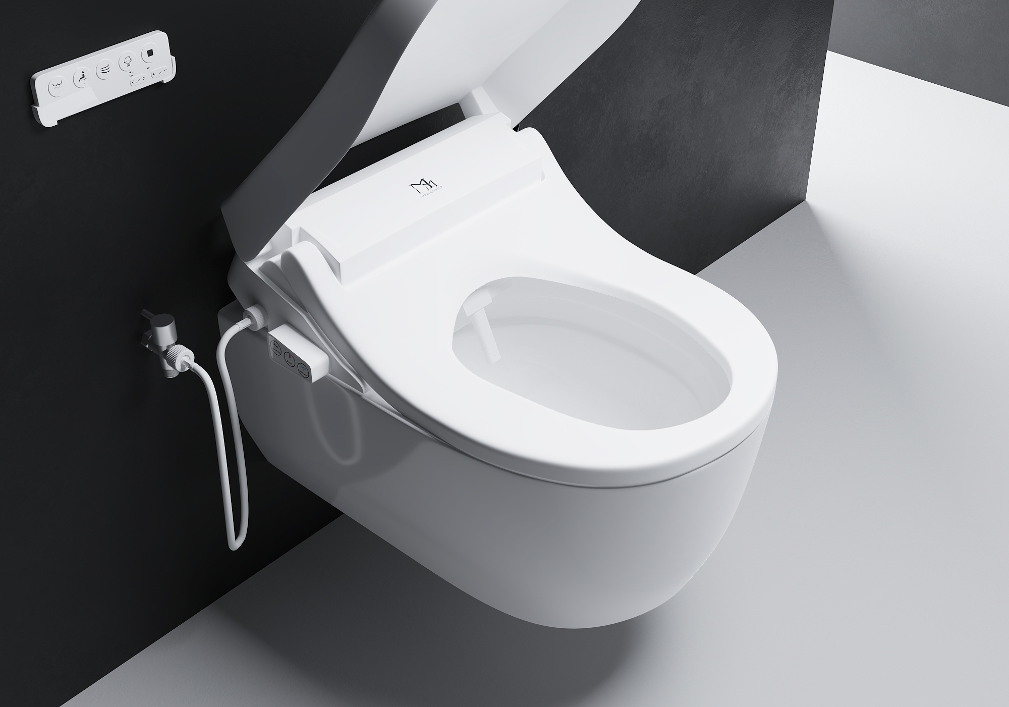 Deska myjąca RUBINE zamontowana na misce WC — wizualizacja