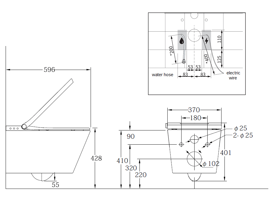 DELUXE A 4020FW — Dimensions and connection positions